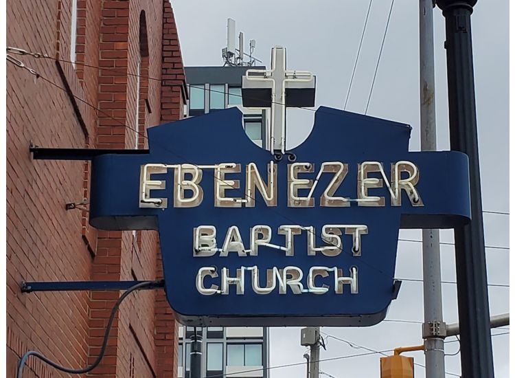 photo of old-timey neon sign for Ebenezer Baptist Church