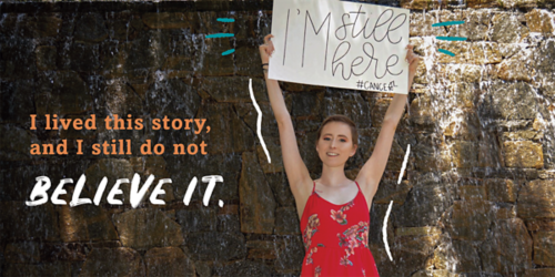 Elizabeth holding up a sign, with a quote that says "I lived this story and I still do not believe it."