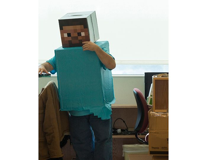 Fischer lab member wearing minecraft character mask