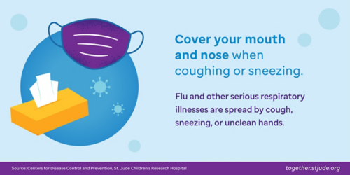 Cover your mouth and nose. Cover your mouth and nose with a tissue when coughing or sneezing. Flu and other serious respiratory illnesses, like respiratory syncytial virus (RSV), whooping cough, and COVID-19, are spread by cough, sneezing, or unclean hands. During the COVID-19 pandemic, wear a mask that covers your nose and mouth when you are around others who don’t live in your household.