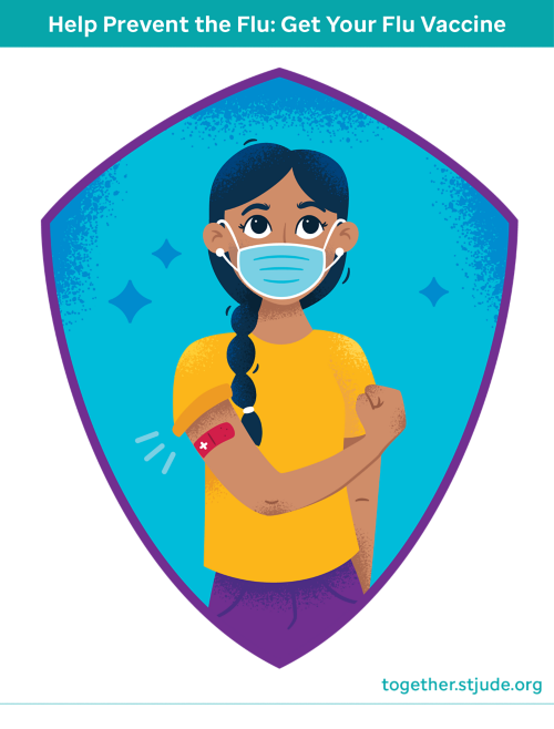 Illustration of girl wearing mask and a bandaid on arm for flu shot. Text says, "Help prevent the flu: Get your flu vaccine"