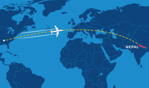 Map from Memphis to Nepal