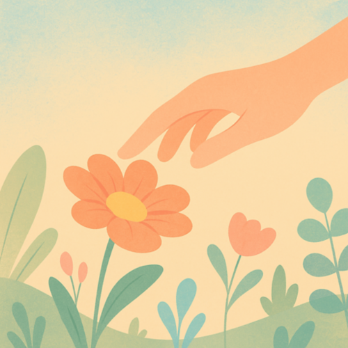 Una mano se acerca con suavidad a unas flores, recordándonos la importancia de ir despacio, conectar con la naturaleza y cuidar nuestra paz interior.