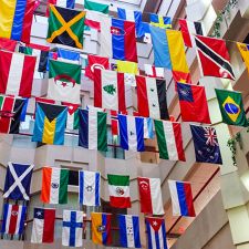 Many national flags hanging in a grand hall. 