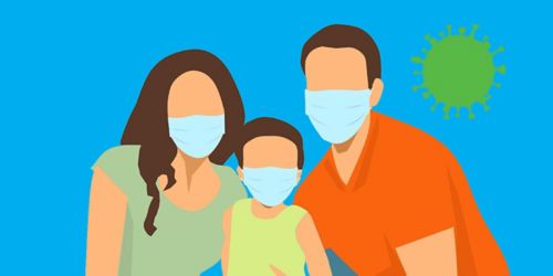 illustration of a family wearing masks