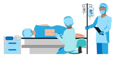 رسم توضيحي لاختصاصي تخدير يعطي دواء التخدير فوق الجافية في غرفة العمليات.