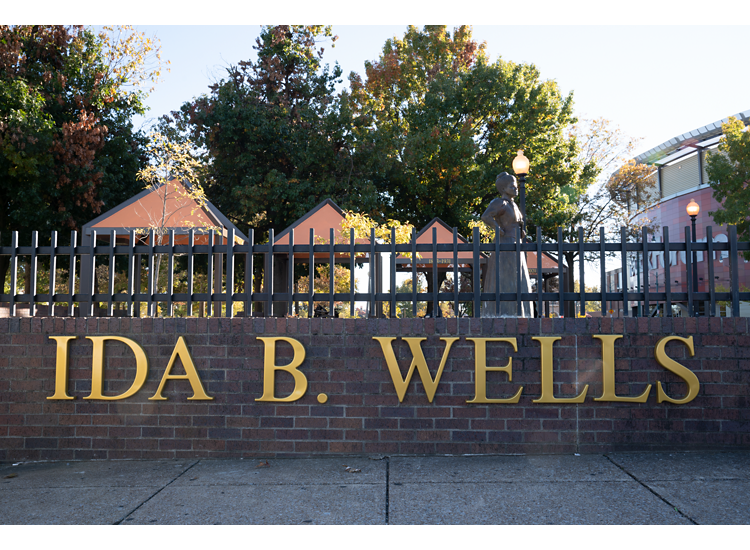 Ida B. Wells entrance park with statue behind fence