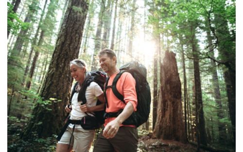 Stock photo of couple hiking in the woods