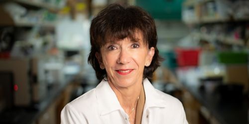 Martine Roussel, PhD, stands for a portrait with her lab blurred out in the background.