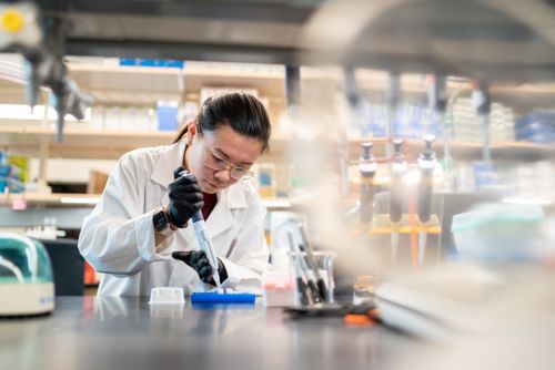 Scientist using a pipette at a workbench 