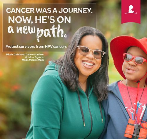 Image of man carrying child on back. Text reads "Life threw a curveball. Now our prevention game is strong. Protect survivors from HPV cancers."