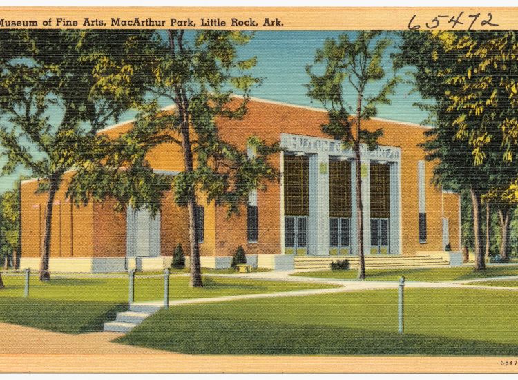 Vintage postcard with painting of the Arkansas Museum of Fine Arts.