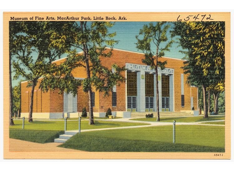 Vintage postcard with painting of the Arkansas Museum of Fine Arts.