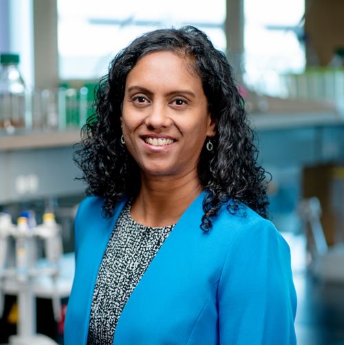 Anjana Nityanandam in blue jacket in lab setting