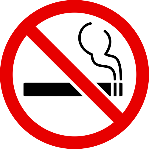 This image includes the icon of a smoking cigarette with a red circle and a line drawn through it indicating "No Smoking".