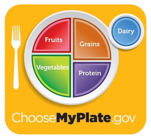 Diagram of a healthy plate with suggested portions visualized as parts of a pie chart. And a glass of milk.