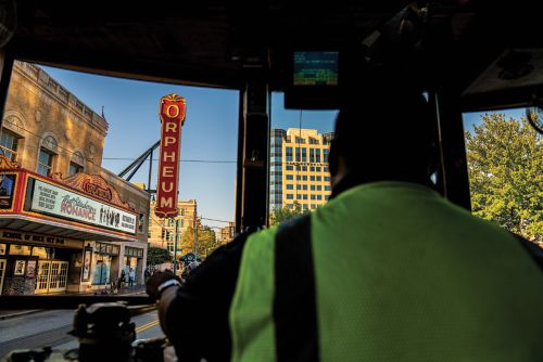 Inside trolly looking out the front windown at the Orpheum Marquis