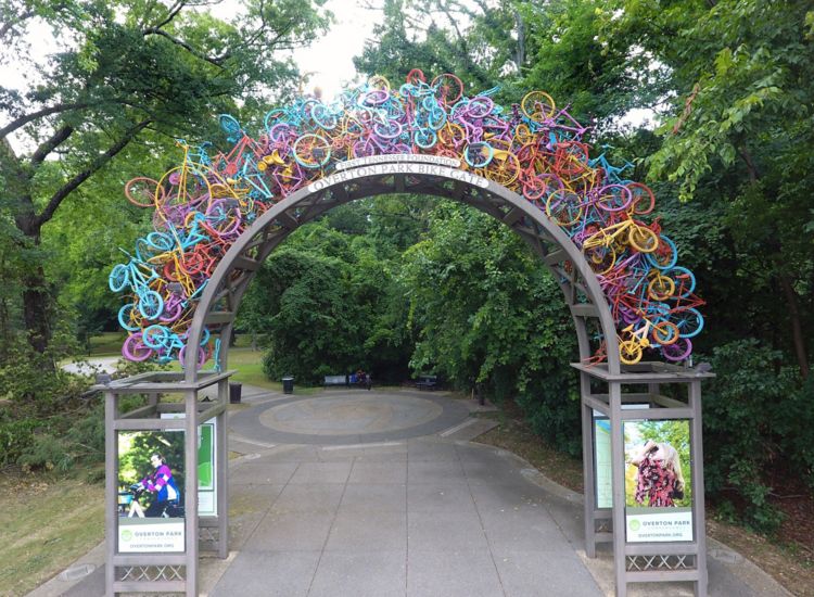 Overton Park entrance archway constructed out of colorful bicycles in Memphis.