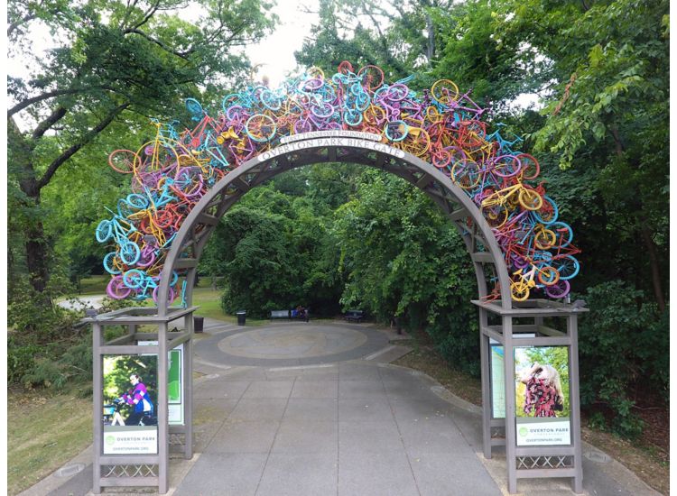 Overton Park entrance archway constructed out of colorful bicycles in Memphis.