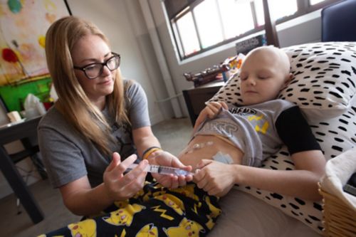 Patient receives injection through enteral feeding tube. 