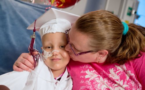 Young patient receives kiss and hug from mom as she graduates from kindergarten