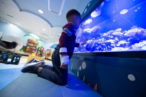 Le mot « scanxiété » est un terme informel utilisé pour décrire l'inquiétude que bon nombre de patients et de familles ressentent pendant l'attente des résultats. Sur cette photo, un enfant atteint d'un cancer regarde les poissons de l'aquarium de la salle d'attente d'une clinique.