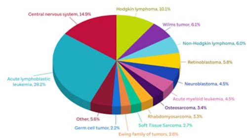 Pie chart of distribution of pediatric cancers
