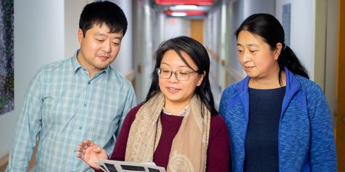 Three people looking at something