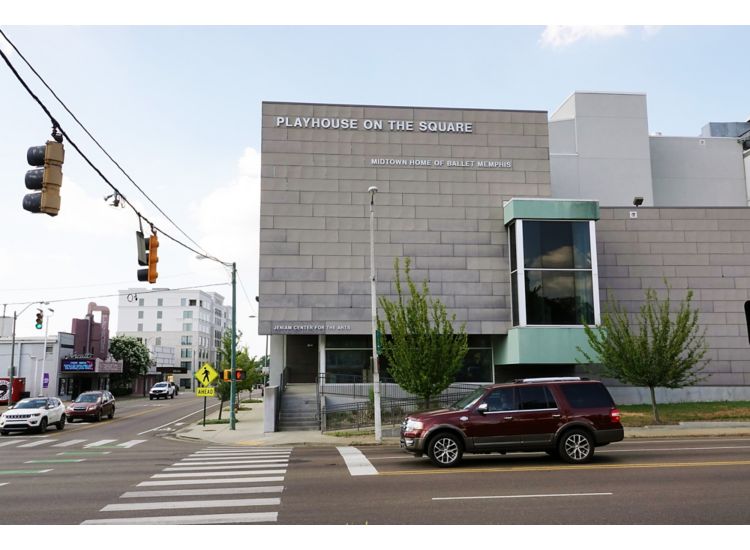 Memphis Playhouse at the Square exterior modern building on city street.