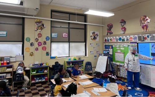 Teacher in front of class of kindergarteners