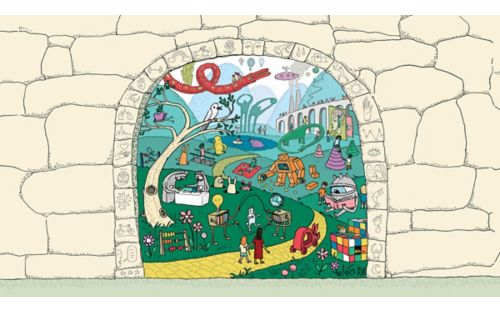 Illustration depicting all the different things that occur during rehabilitation through an arch with symbols representing different rehabilitation ideas. A path goes between many things going on, such as jumping rope, reading and children playing.