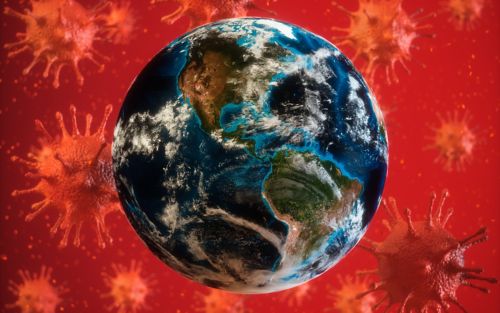 Illustration of earth with red coronavirus images in background