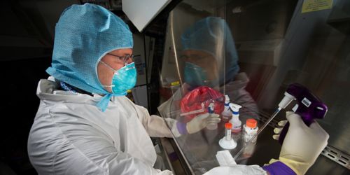 Richard Lee, PhD, faculty member and endowed chair in medicinal chemistry in the chemical biology &therapeutics department, is dressed in protective lab gear while working with scientific samples underneath a vent hood.