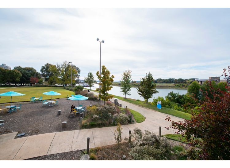 River Garden Park with dining tables, walking paths and a river view in Memphis