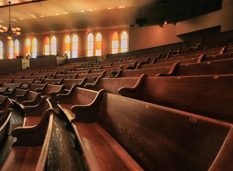 Wooden pews in the Ryman Auditorium, the Mother Church of Country Music in Nashville Tennessee