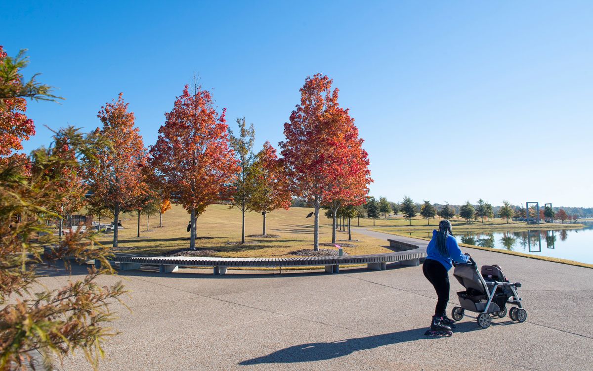 Woman with roller blades pushes a stroller on a pathway by a lake with autumn trees.