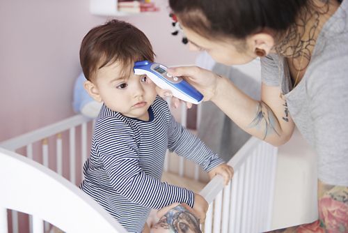 Temperature can be taken using a thermometer that measures heat from the temporal artery. This artery runs across the forehead, just under the skin.