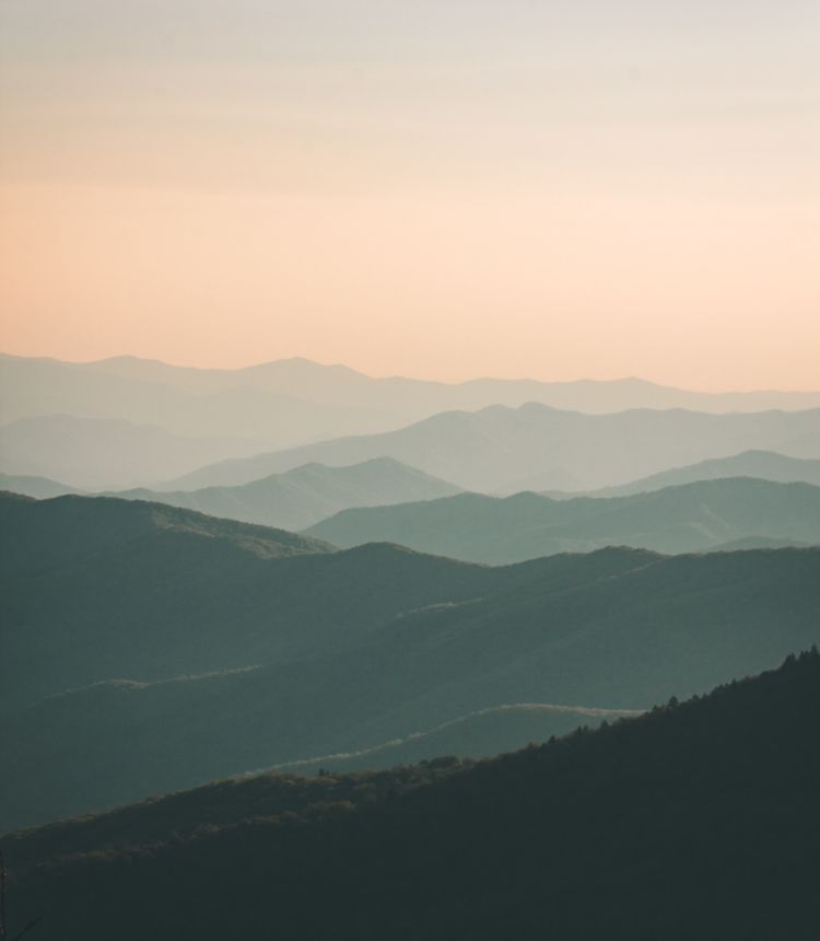 Great Smoky Mountains at sunset, gradient color of cascading mountains