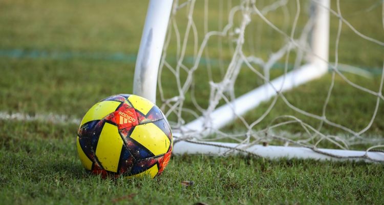 Close up of colorful soccer ball resting outside a goal