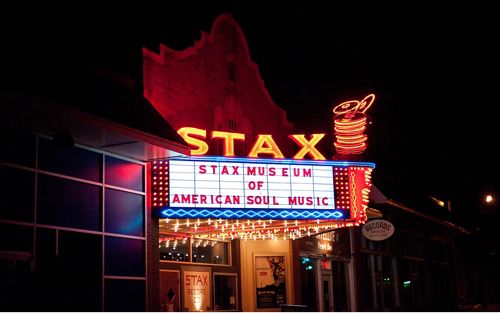 Stax Museum marquis lit up with neon signs at night