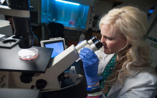 Woman in white coat and lab gloves looking into microscope