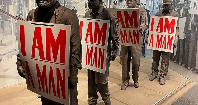 Sculpture of African American men, each holding signs that say "I AM A MAN" at the National Civil Rights Museum in Memphis.