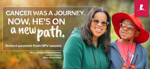 Image of and child. Text reads, "Cancer was a journey. Now he's on a new path."