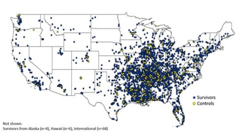 Map of geographic distribution of SJLIFE participants