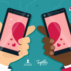 Two hands holding smartphones with hearts on them