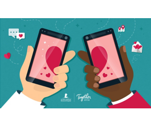 Two hands holding smartphones with hearts on them