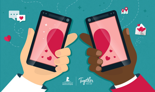 Two hands holding smartphones with hearts on them