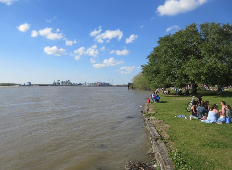 Park lawn beside the Mississippi River, with people sitting on the grass.