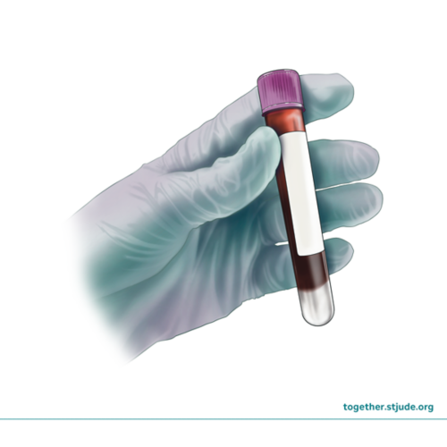 Gloved hand holding vial of blood