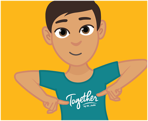 graphic of boy wearing Together tshirt and pointing to the name